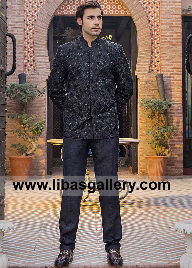 Black Heavy Embroidered Prince coat light weight masterpiece in black Raw silk with intricate cut gloss kora dabka Swarovski work Las Vegas Los Angeles Washington USA